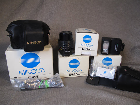 Minolta X-700 35mm Camera with 50mm f2 and 135mm f3.5 Lenses and Flash